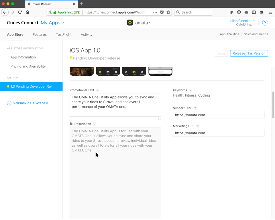 iTunes Connect showing OMATA iOS App 1.0 pending developer release, with promotional text, description, keywords, and support URL.