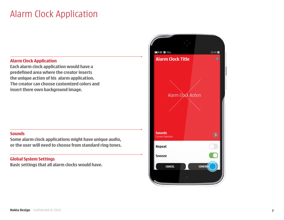 Annotated Alarm Clock Application slide shows a red area for each alarm's action and appearance, a sound selector, shared repeat and snooze settings, and cancel and confirm buttons.