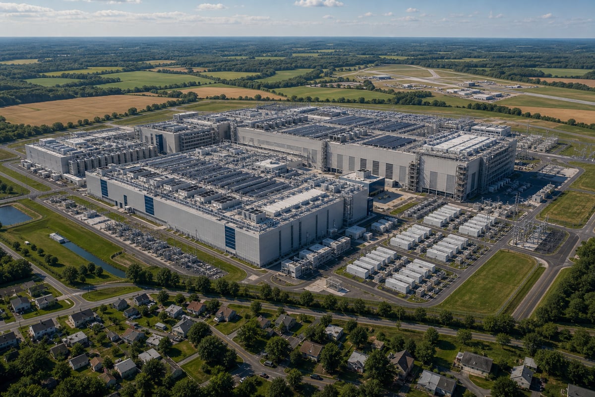 Aerial view of a large industrial complex surrounded by farmland and a small residential area.