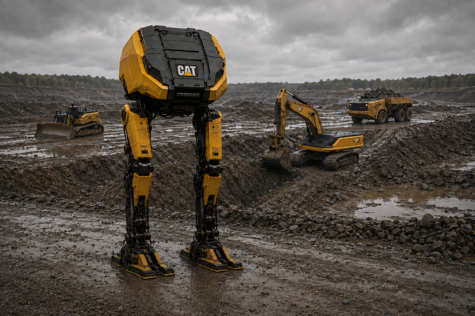 A yellow-and-charcoal CAT ORX biped stands in a full-body three-quarter portrait on wet gravel. Behind it, a cabless dozer grades soil, a low-deck excavator digs a muddy trench, and an articulated hauler carries rubble beneath an overcast sky.