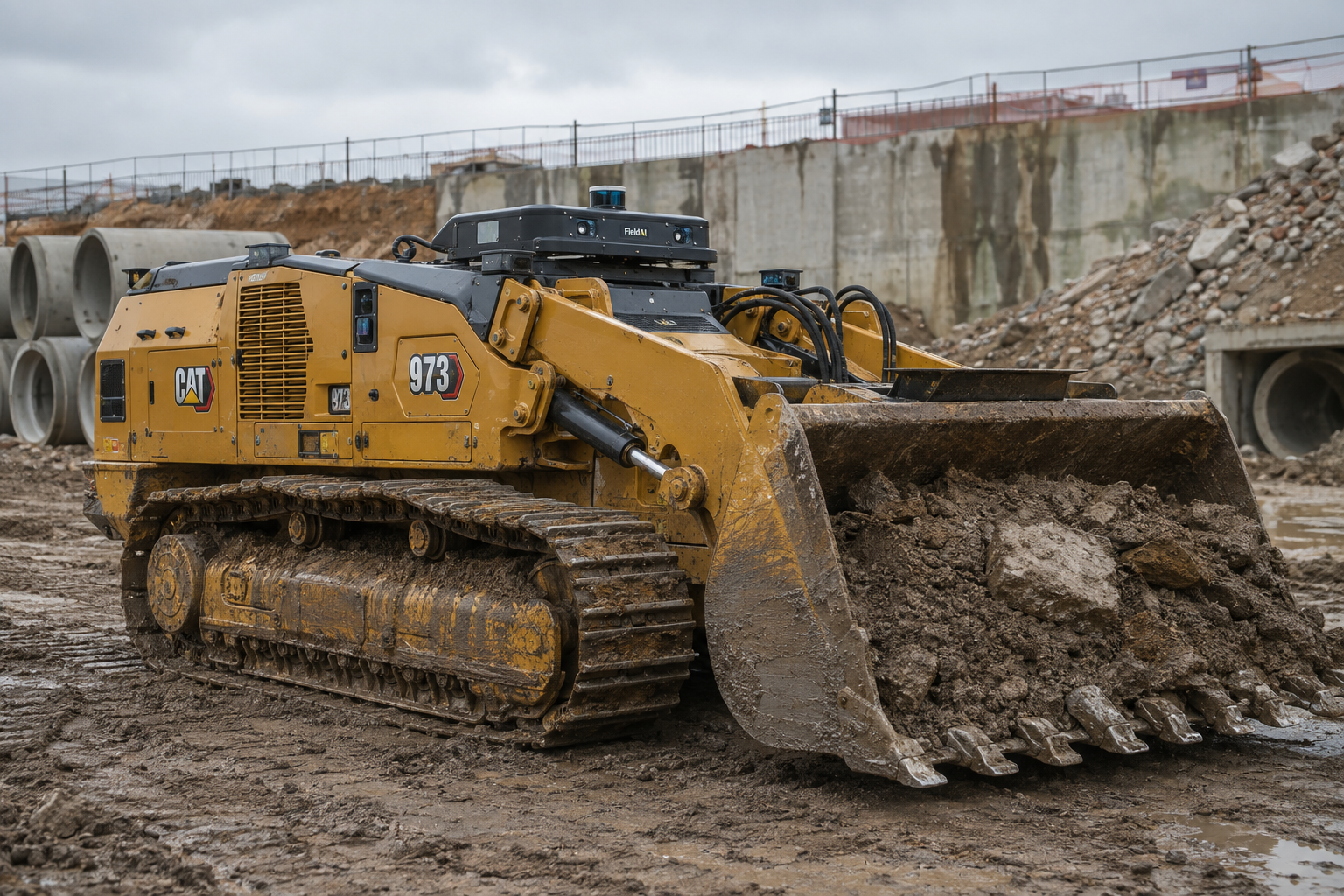 Closer field view of a cabless yellow CAT track loader carrying wet soil, with its toothed bucket, twin lift arms, steel tracks, and compact sensing bridge visible.