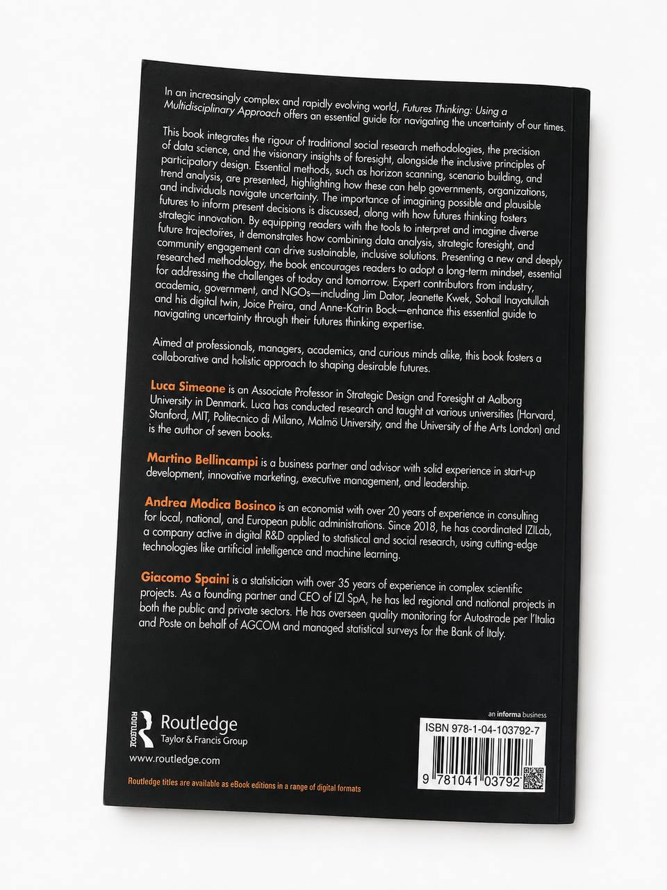 Back cover of Futures Thinking: Using a Multidisciplinary Approach, showing the book description and contributor biographies.