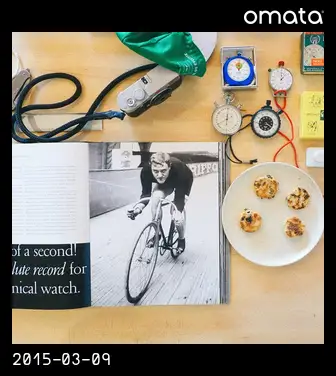 Chronological sequence of OMATA Instagram photographs showing cycling scenes, instruments, product development, and graphic artwork, with posting dates below each complete image.