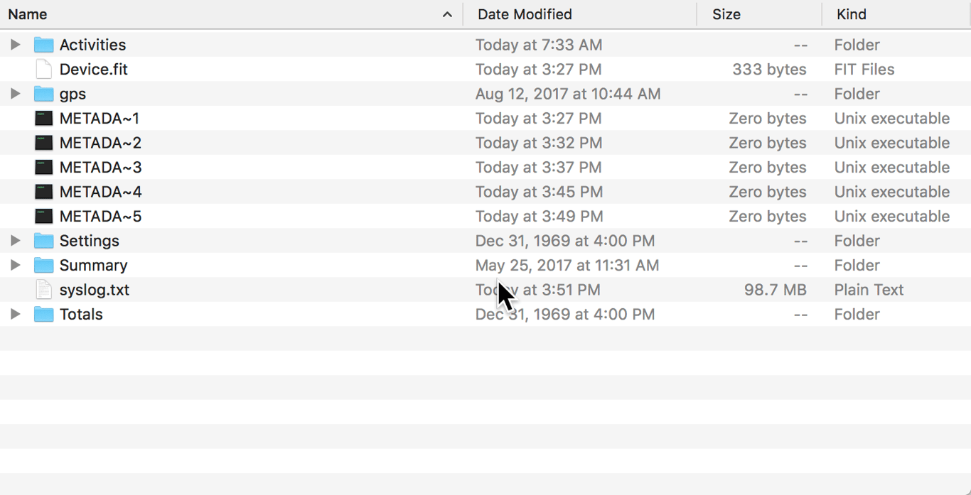 Finder showing OMATA activity folders, FIT files, device data, settings, summaries, totals, and a large system log.