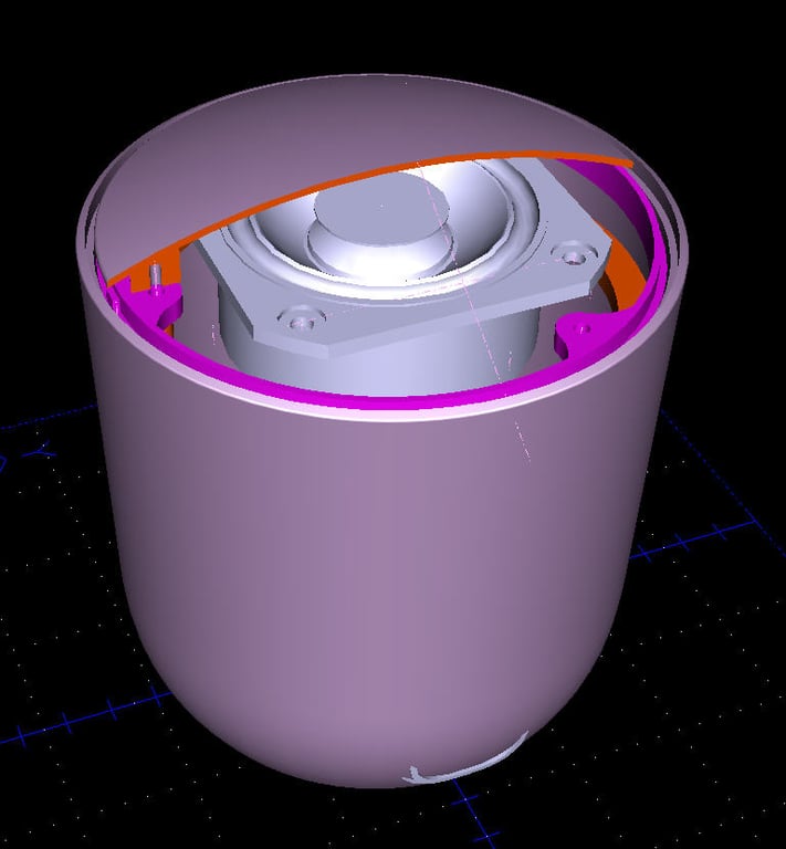 CAD study of the Social Speaker form in a dark rendering with purple highlights.