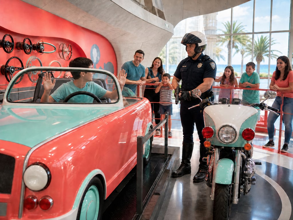 A friendly motorcycle officer role-plays a traffic stop beside a museum driving simulator while visitors watch.