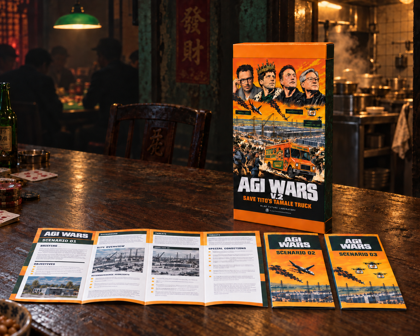 The orange AGI WARS game box, a gently bowed four-panel scenario sheet and two booklets on a worn gambling table behind a restaurant kitchen, lit by a green pendant and warm kitchen light.
