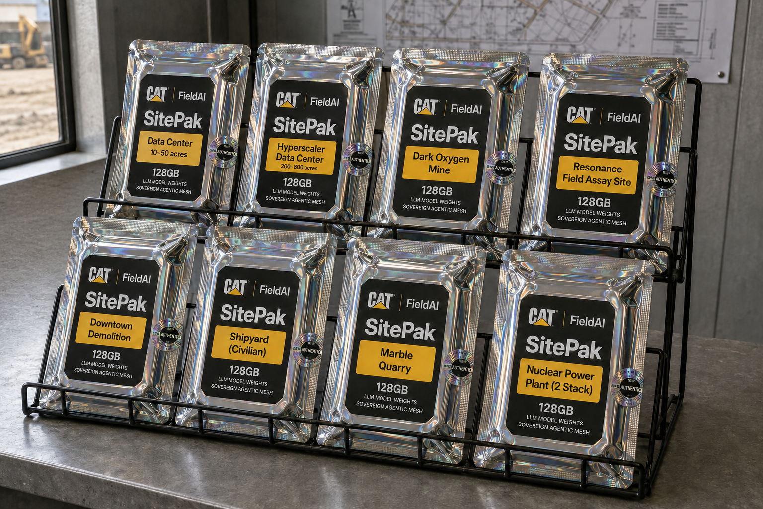 Eight silver holographic CAT and FieldAI SitePak cartridges stand in a black wire sales rack on a continuous gray countertop inside a site trailer. Black and yellow labels identify eight industrial applications and 128GB capacity.