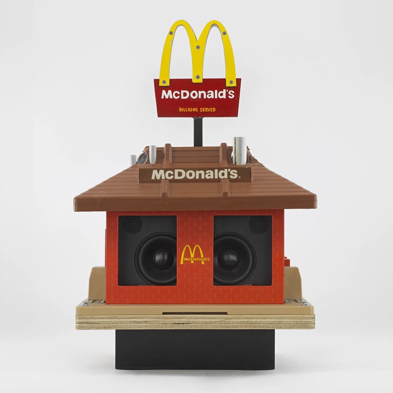 Tom Sachs McDonald's Sound System a sculpture of a small McDonald's with a boom box