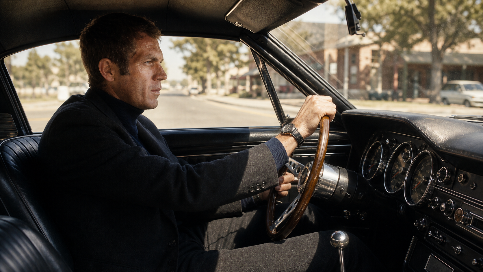 Bullitt film still showing a driver inside a vintage car.