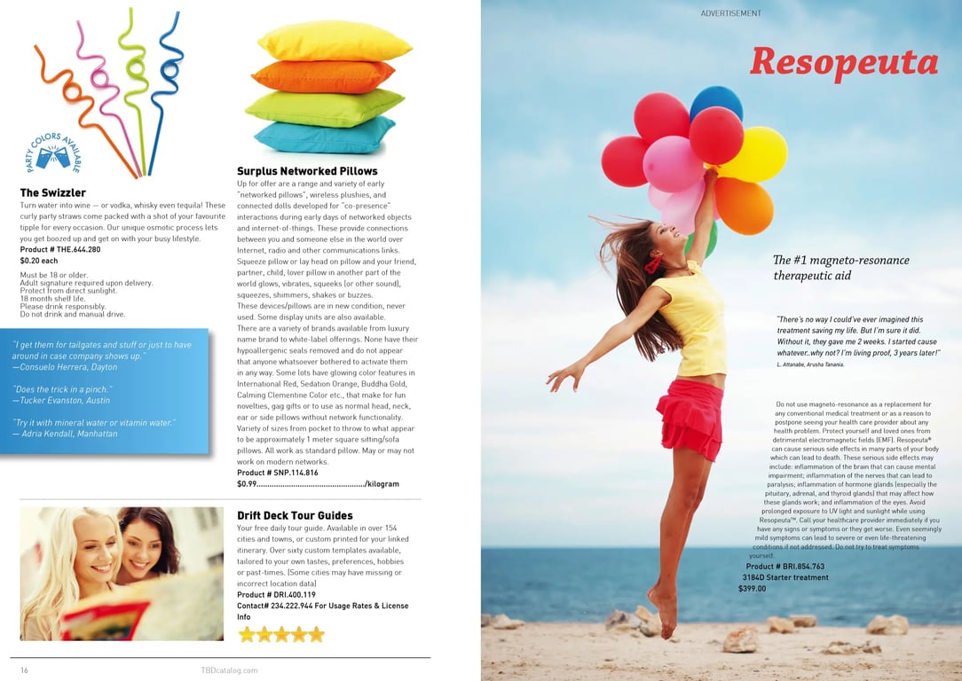 A spread from TBD Catalog, a Design Fiction product catalog of today's tomorrow.