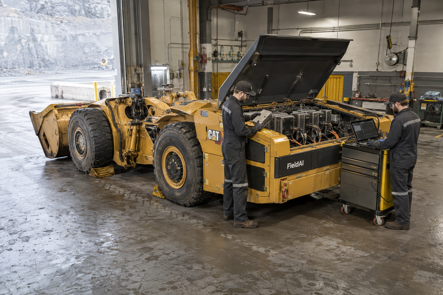 Two technicians work beside a cabless yellow CAT underground loader in a maintenance bay. An open hood reveals rugged computing modules and cable harnesses; the rock bucket is grounded and the wheels are chocked.