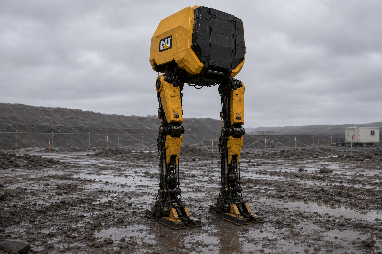 The yellow-and-black CAT MOTO 6502 survey pod stands on two long articulated legs with broad split-toe feet planted in wet mud. Its enclosed instrument body and CAT logo rise above survey stakes, a perimeter fence, and a distant site trailer under an overcast sky.