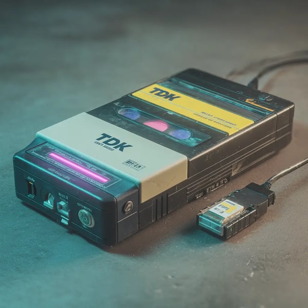 A speculative data device containing a local language model in data format like a vintage VHS tape or DAT tape in a module that can access the data