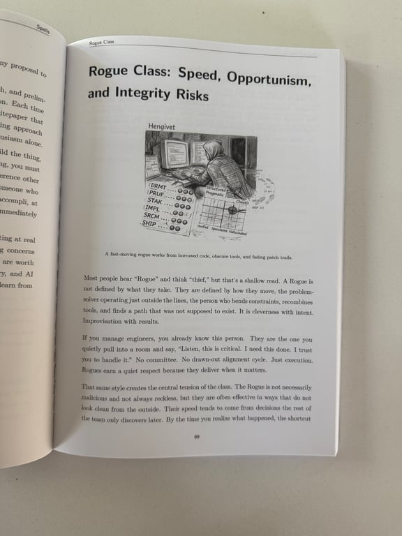 Open page from The AI Developer's Field Guide, Volume I titled “Rogue Class: Speed, Opportunism, and Integrity Risks.”