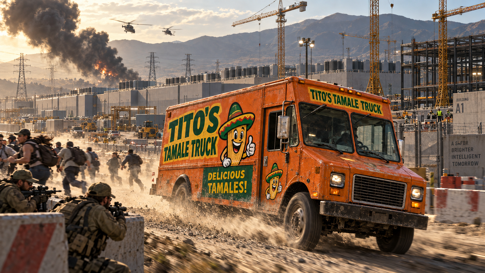 Tito's orange tamale truck speeds past militia and fleeing people at a data-center construction site, throwing dust and gravel behind it.