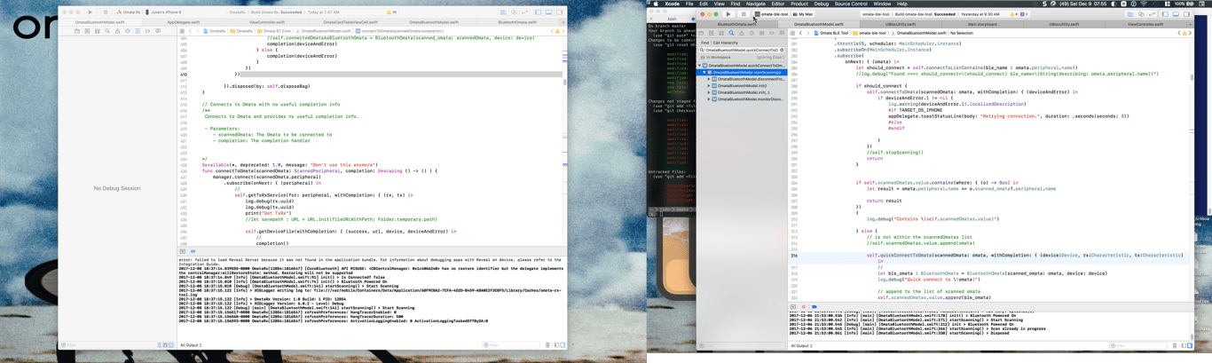 An Xcode workspace on December 9, 2017 showing OmataBluetoothModel.swift, a Bluetooth scanning log in the console, and a succeeded build.