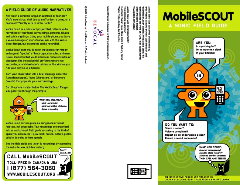 Colorful brochure for MobileSCOUT, an interactive audio narrative project, featuring prompts and contact information.