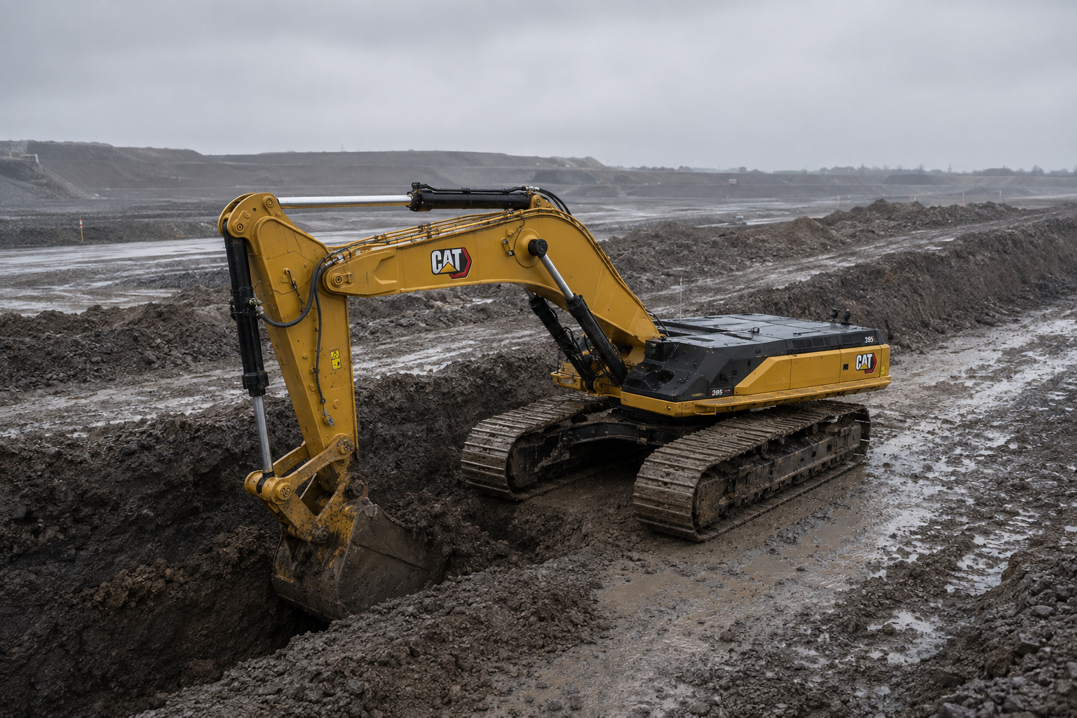 A cabless yellow CAT excavator with low-profile equipment housings digs a deep trench across a muddy construction site beneath an overcast sky.
