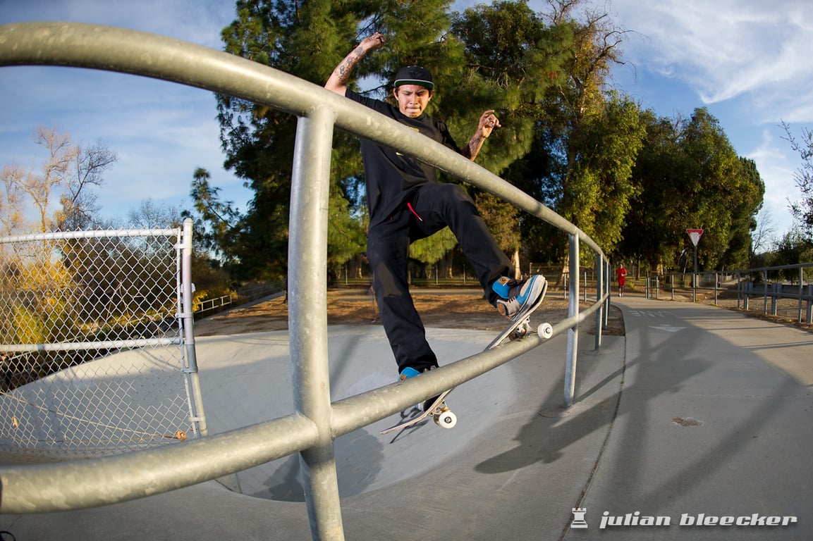 Eddie “Mighty” Moreno performing a Smith grind.