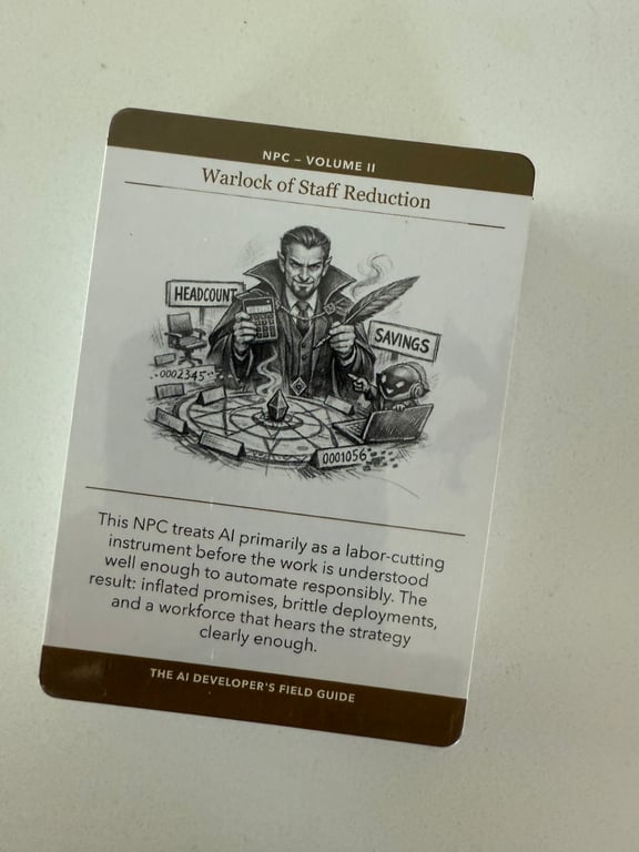 Photograph of the Warlock of Staff Reduction NPC card included with The AI Developer's Field Guide.
