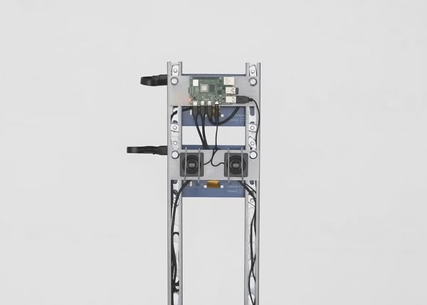 Metal frame with electronic components and cables attached, set against a plain background.