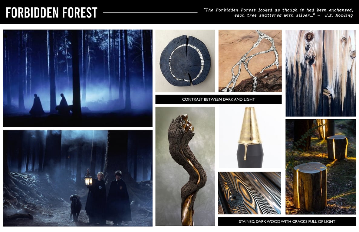 Material and visual reference board for a Forbidden Forest wand experience.