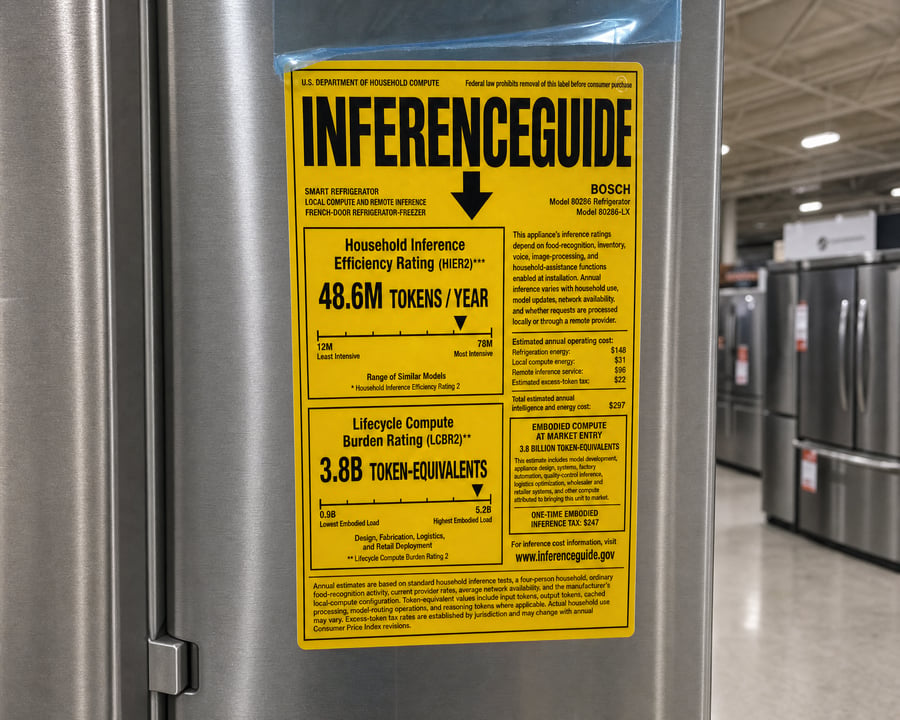 A small yellow INFERENCEGUIDE sticker on a larger brushed stainless-steel refrigerator door in a big-box store, with blue factory film and an air bubble visible.