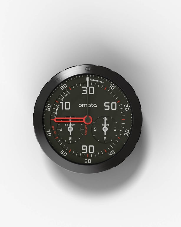 The OMATA One cycling computer a circular computer with an analog display using hands like a watch to show speed and distance