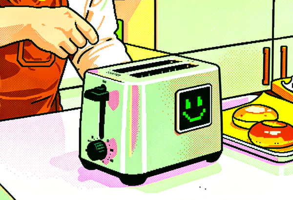 An 8-bit illustration of a toaster with anthropomorphic features.