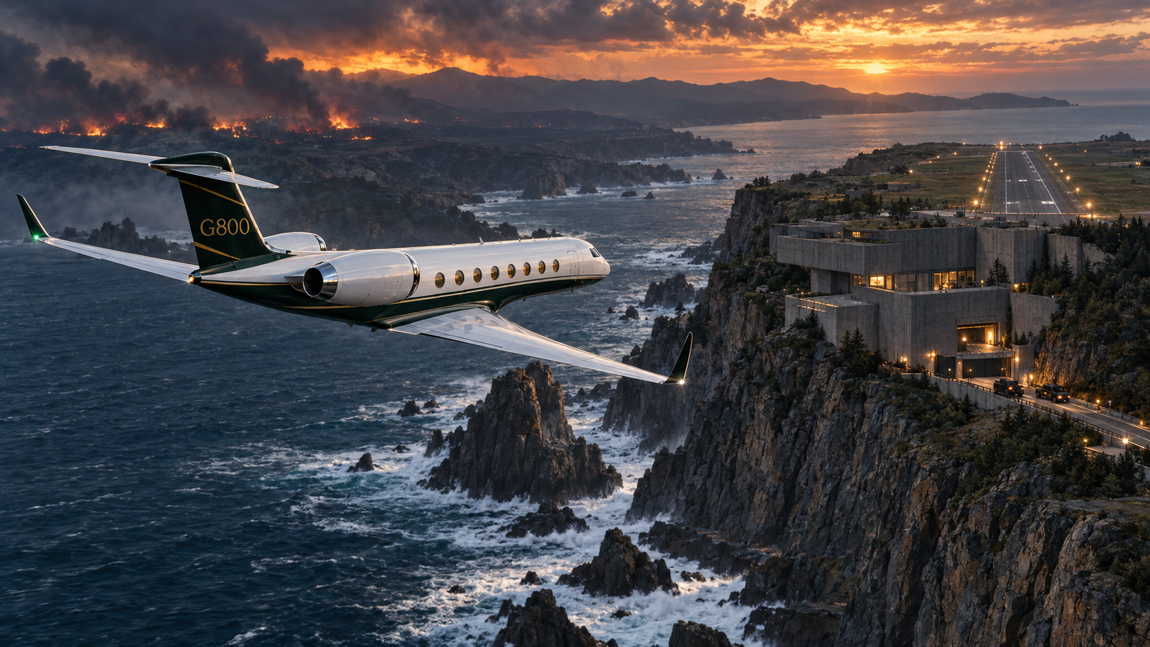 An intact white and green Gulfstream G800 flies toward a runway above a concrete cliffside bunker, with a burning coastline behind it.
