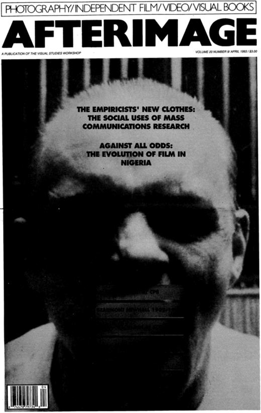 Cover of "Afterimage" magazine featuring a close-up of a man's face with text about film and communication research.