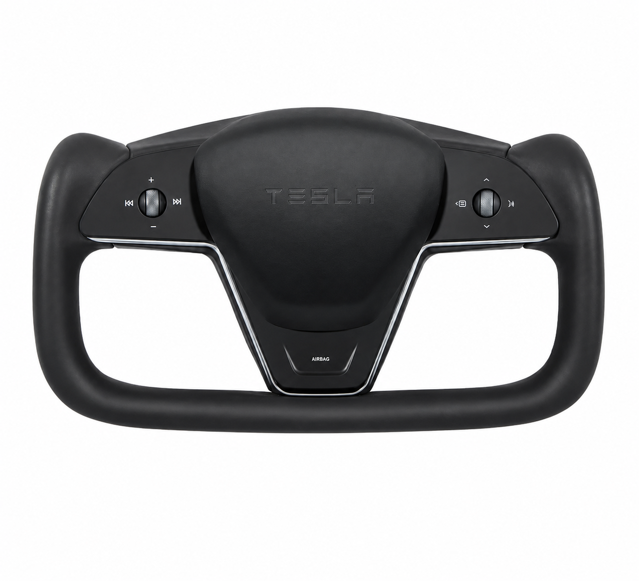 Black Tesla Model S/X steering wheel with chrome trim and integrated controls isolated on a white background.