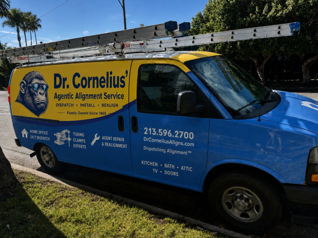 A Dr. Cornelius Agentic Alignment Service van parked on a residential service route.