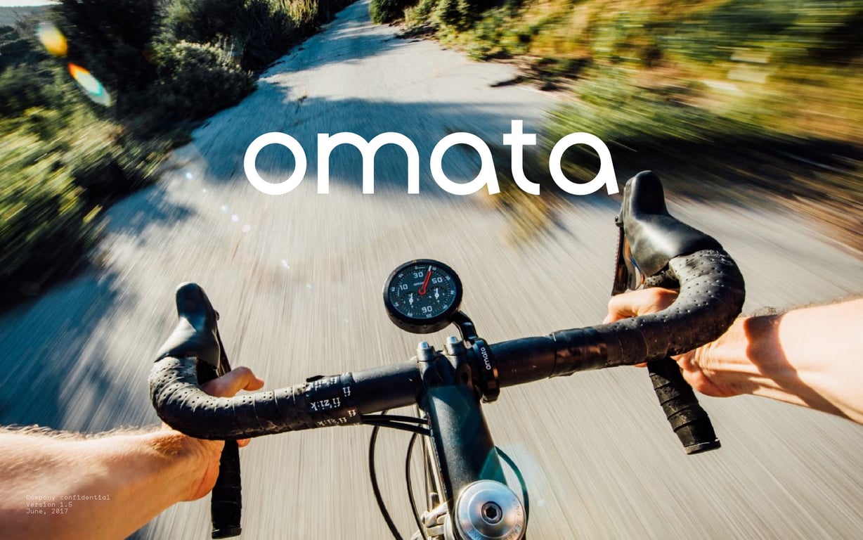 OMATA Brand Book v1.5 cover: a rider's view of the instrument and handlebars on a sunlit road.