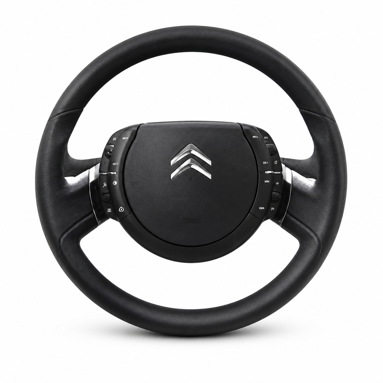 Isolated black Citroën C4 Picasso steering wheel with central chevrons and integrated controls on a white background.