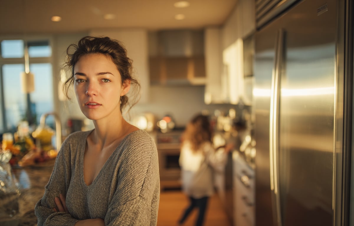 Woman standing in a kitchen with arms crossed, another person blurred in the background.