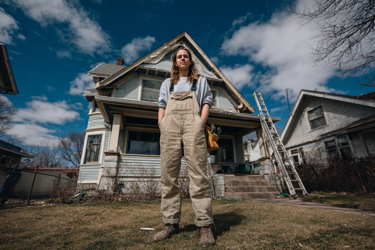 Person in overalls stands in front of a house with a ladder, under a partly cloudy sky.