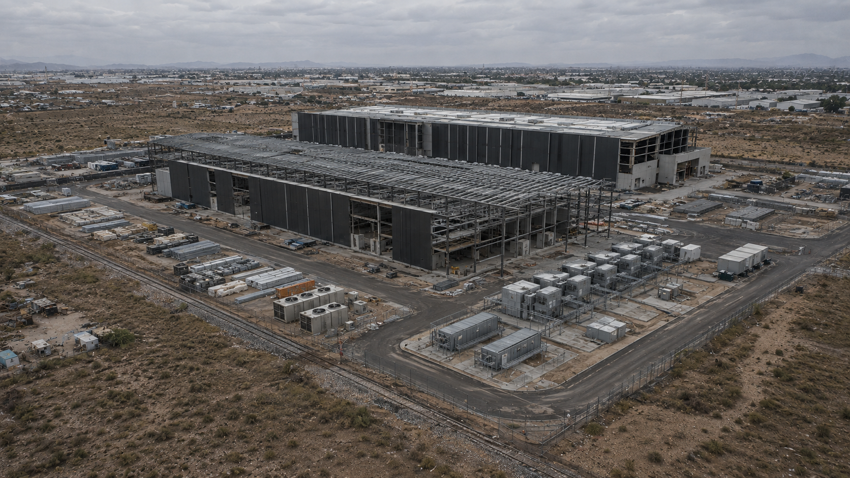 Aerial view of an abandoned hyperscale data-center campus assembled from prefabricated steel frames and insulated panels, with rooftop equipment, service yards, sparse scrub, and faint graffiti.