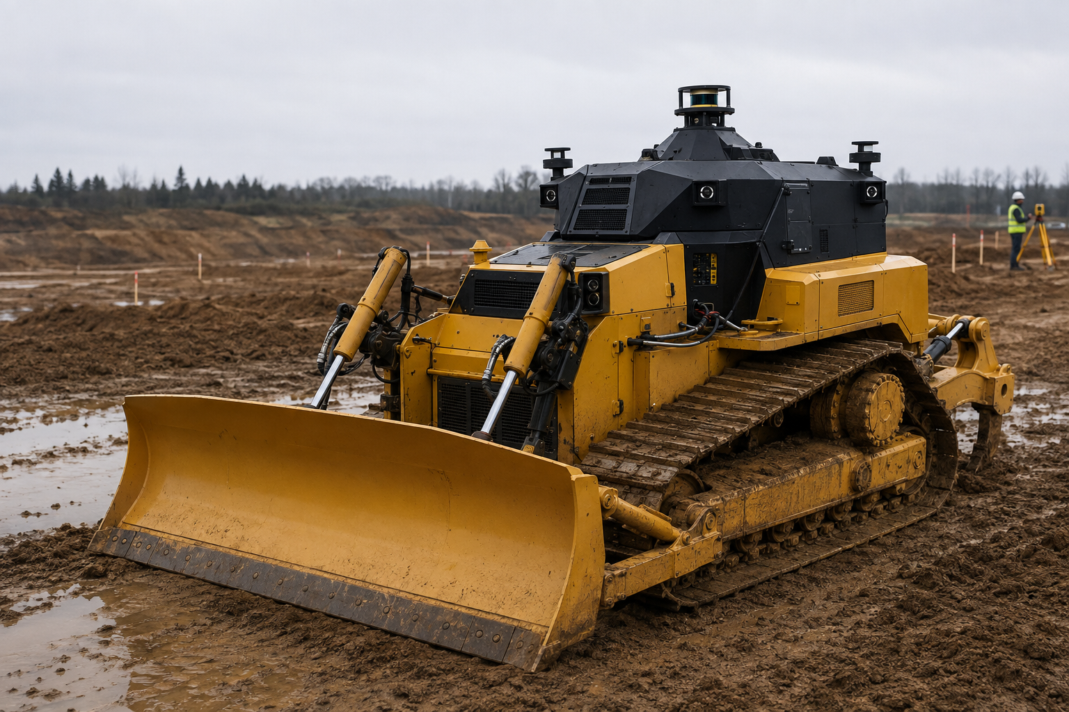 A cabless yellow track-type dozer works at a drainage site, its former cab position replaced by a black lidar, camera, radar, and compute module.