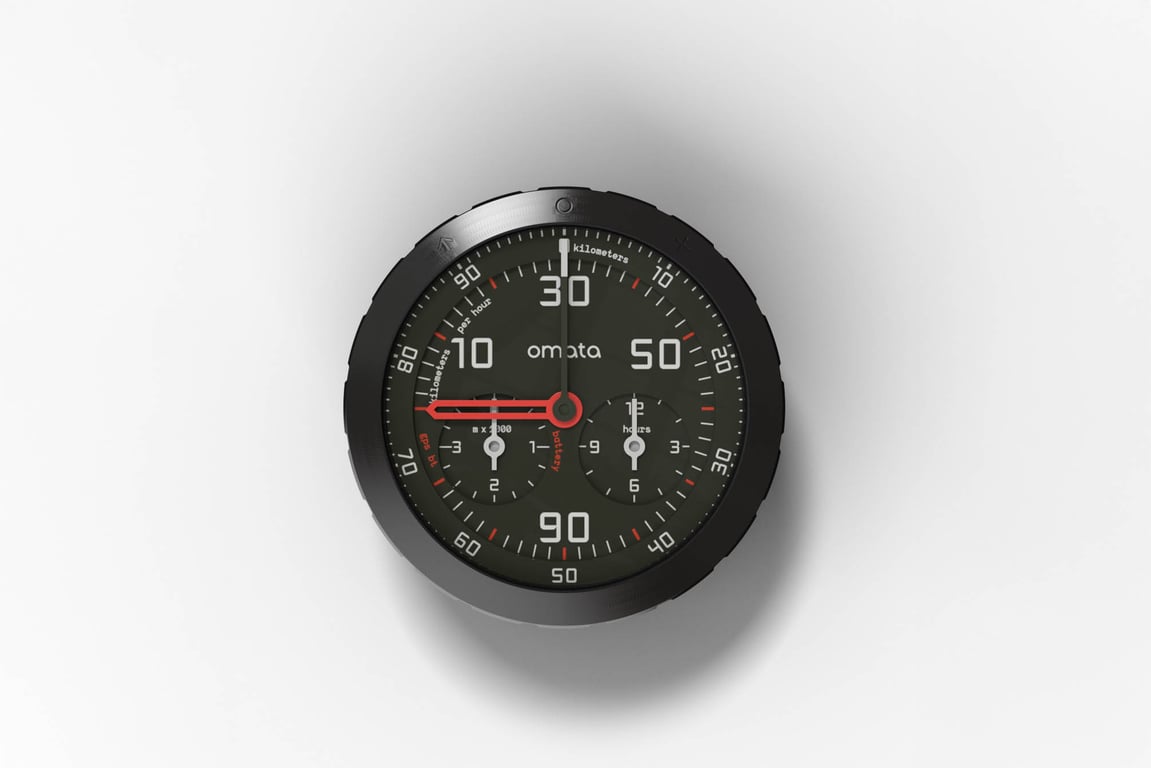 The OMATA One cycling computer a circular computer with an analog display using hands like a watch to show speed and distance