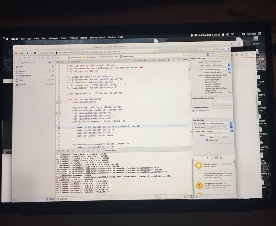The PenguinCam camera example running in Xcode, December 2017.