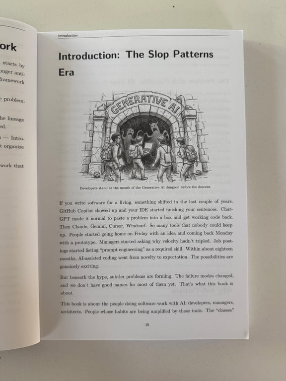Open page from The AI Developer's Field Guide, Volume I titled “Introduction: The Slop Patterns Era,” illustrated with developers at an arch labeled Generative AI.