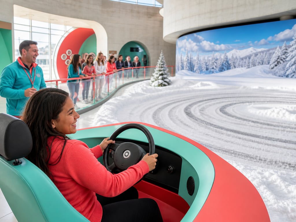A visitor practices controlled donuts on a snowy parking-lot simulator while a guide and visitors watch from behind a rail.