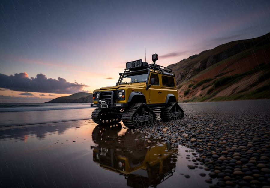 Yellow off-road vehicle with tank tracks on a pebbled beach at sunset.