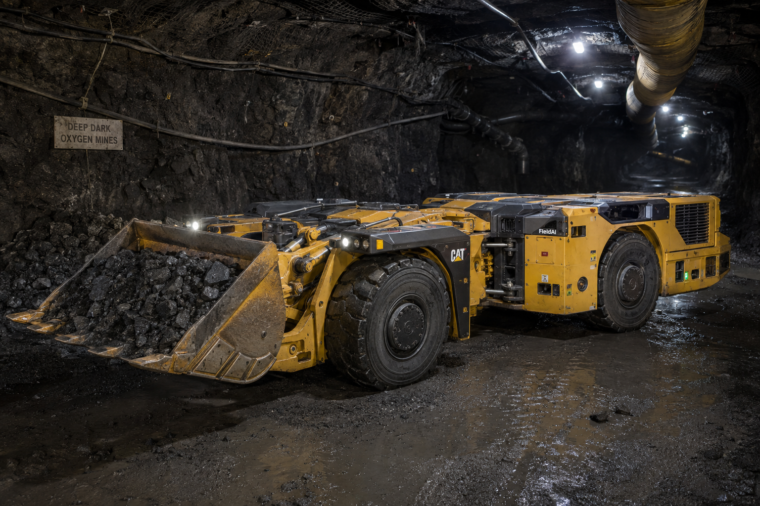 A low yellow CAT underground loader carries dark rock through a lit, rock-bolted mine drift. Its articulated four-wheel chassis has no cab, with protected sensors and a flat computing deck beneath a Deep Dark Oxygen Mines sign.
