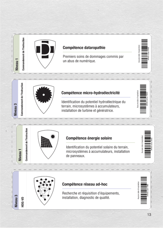 Page 13 of the service booklet, with four training stickers for dataropathy, micro-hydroelectricity, solar energy, and ad hoc networks.