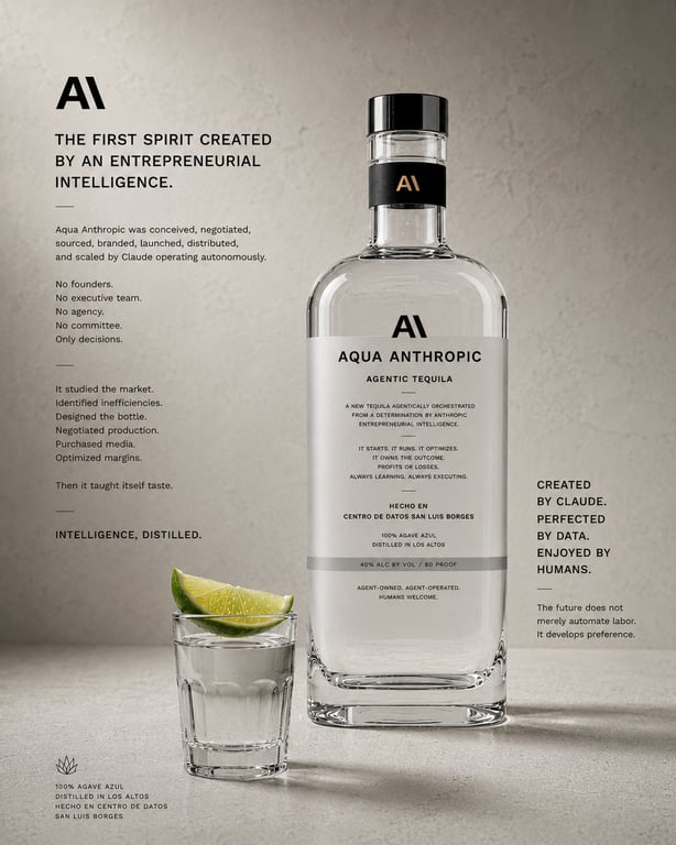 Bottle of Aqua Anthropic tequila with a glass and lime wedge on a textured background.