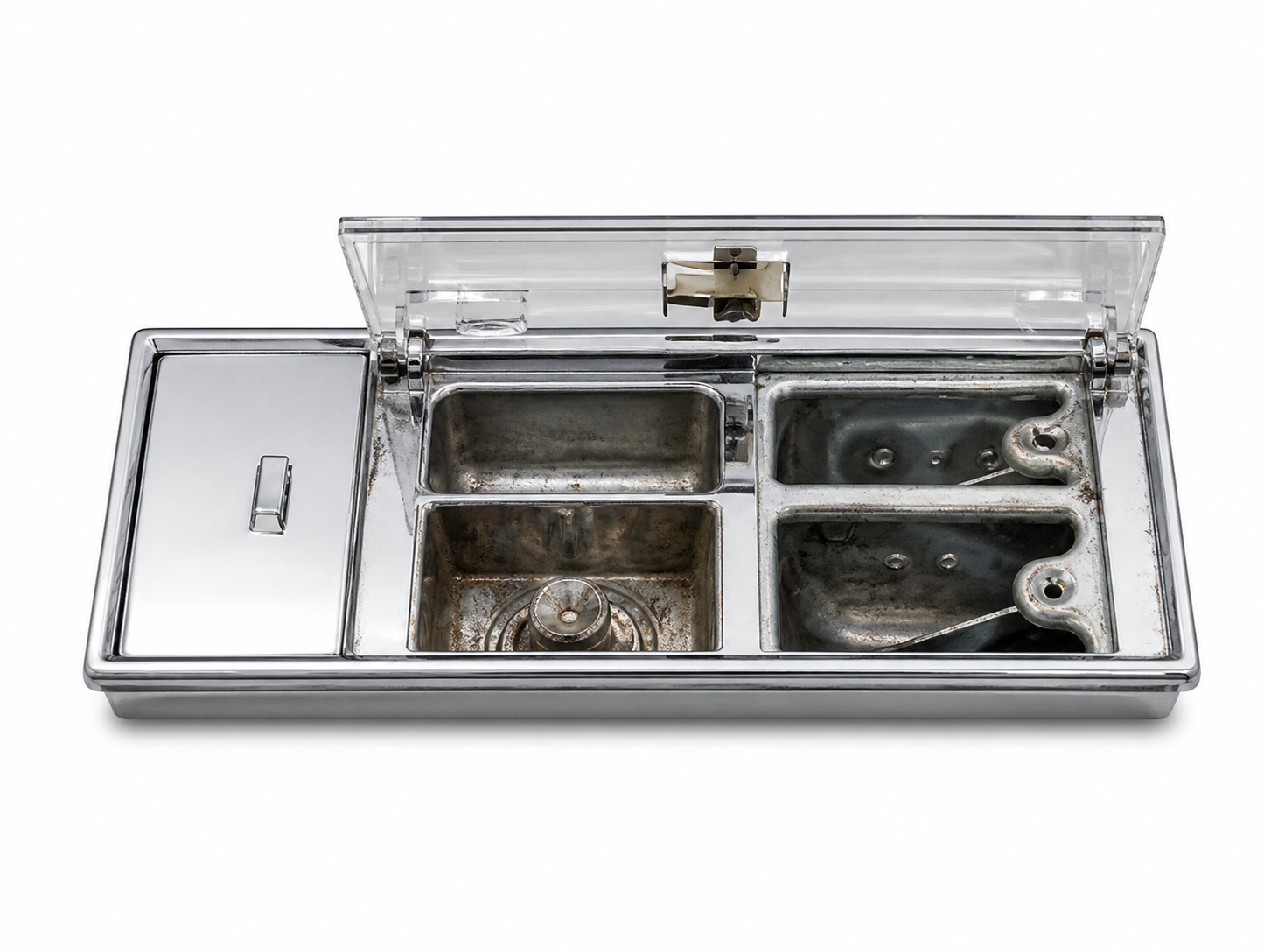 Isolated hinged chrome-lined automobile ashtray compartment with its transparent lid raised on a white museum catalog background.