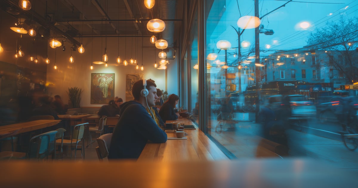 A person with headphones sits at a café window, observing a busy street outside. Warm lights illuminate the space.